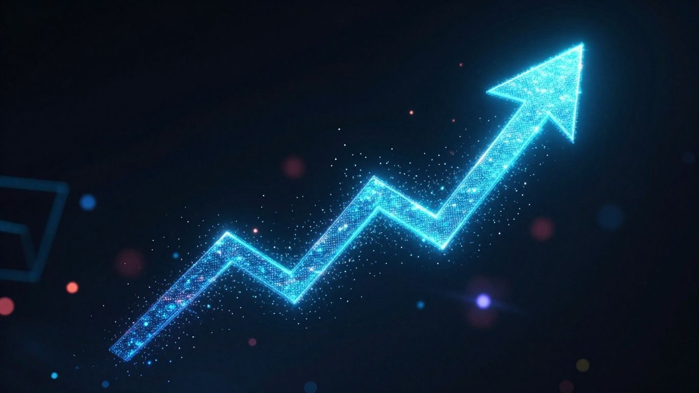 Gráfico de crescimento digital com setas brilhantes e partículas.