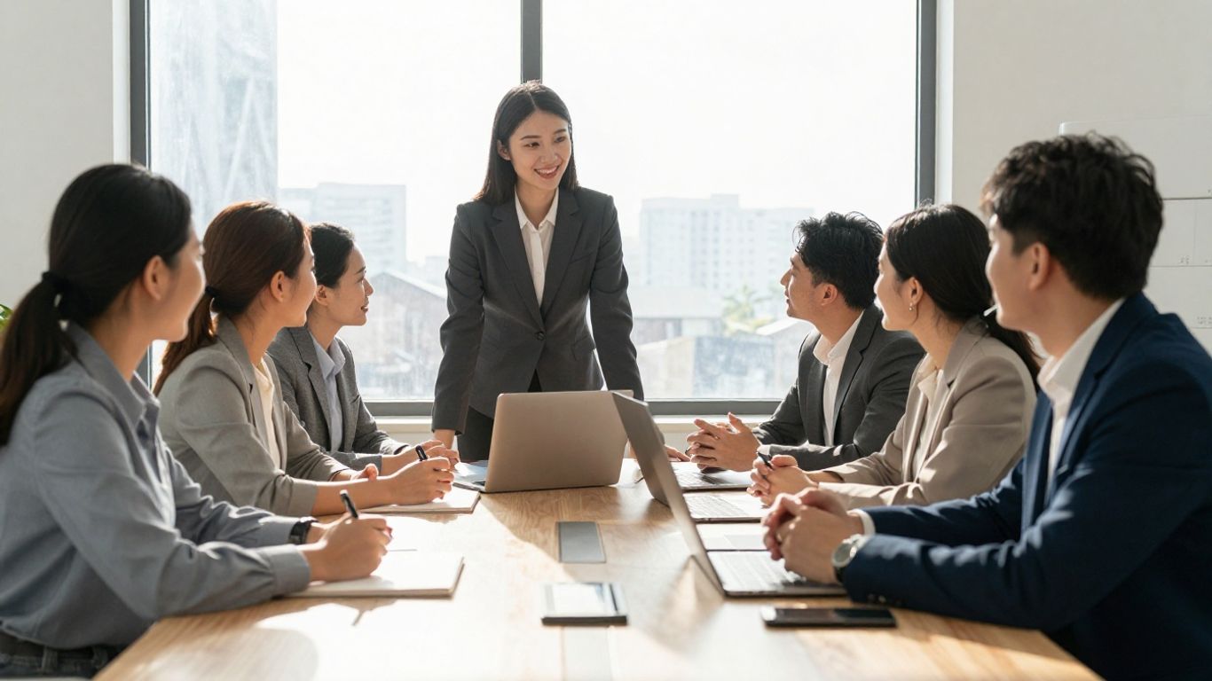 Pessoas colaborando em uma sala de reunião moderna e iluminada.