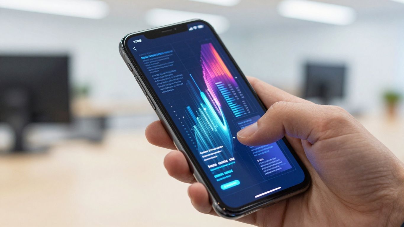 Mão segurando celular com gráficos de tráfego pago.