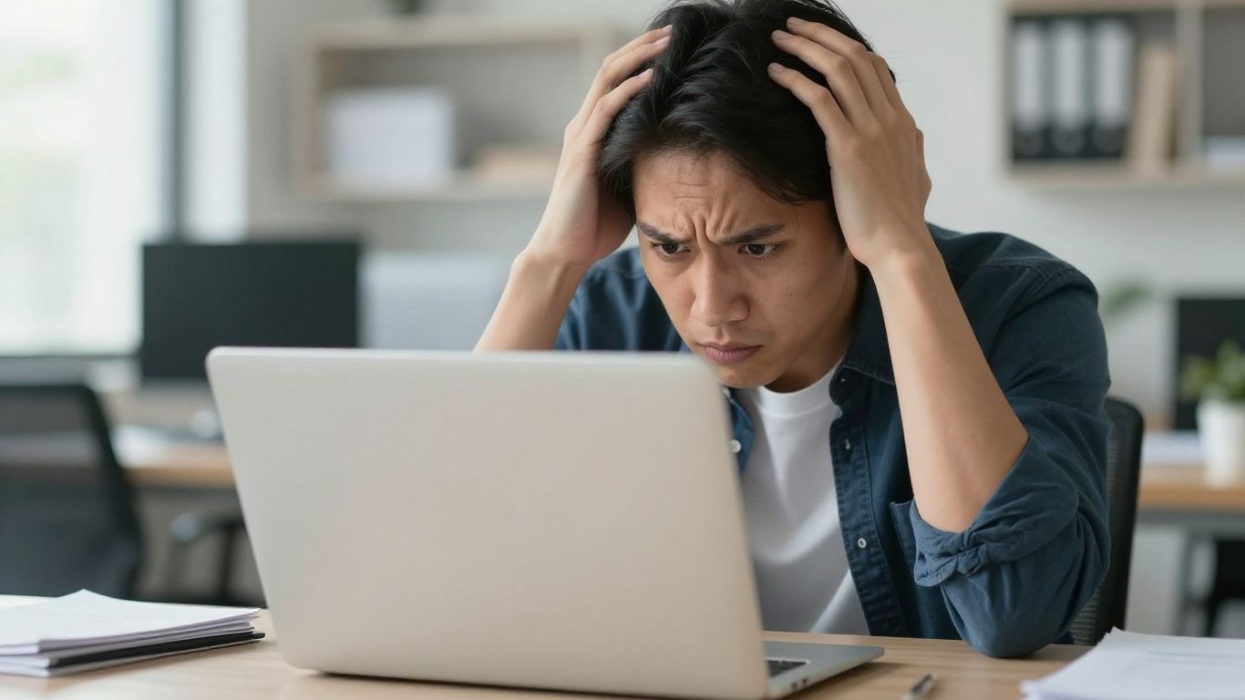 Pessoa confusa olhando para tela de computador com anúncios.