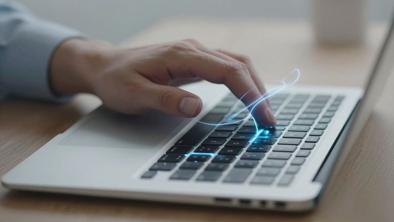Mãos escrevendo em um laptop com luzes brilhantes.
