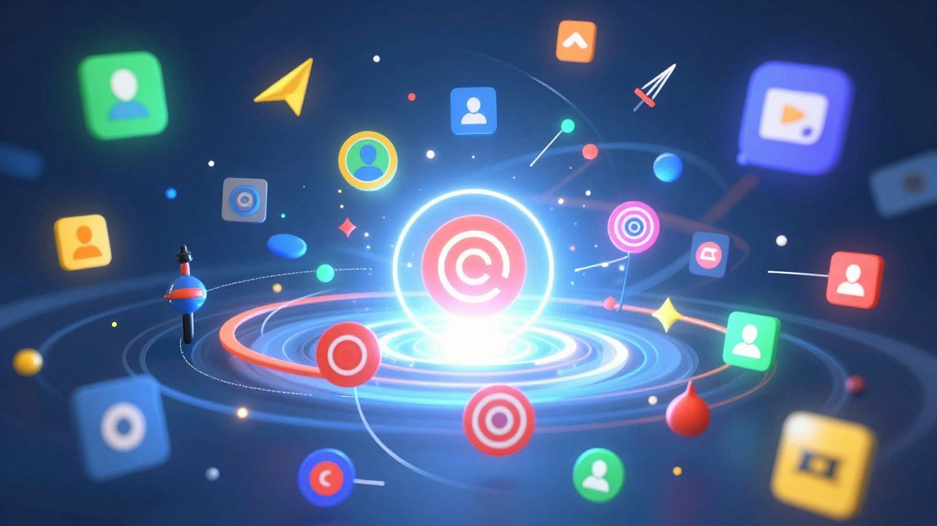 Campanhas de Display Google Ads com ícones e formas abstratas.