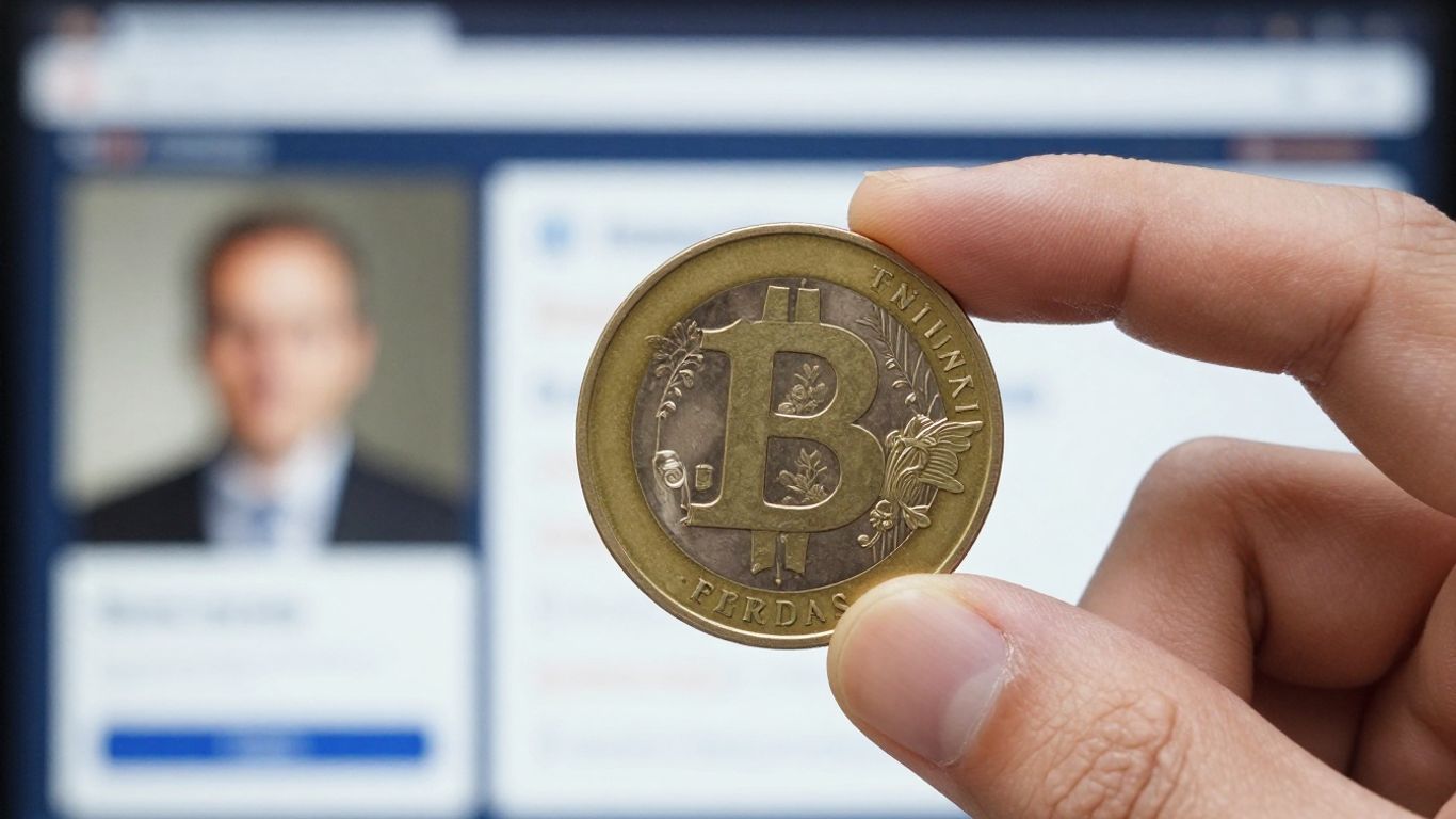 Mão segurando moeda com fundo de anúncios digitais.