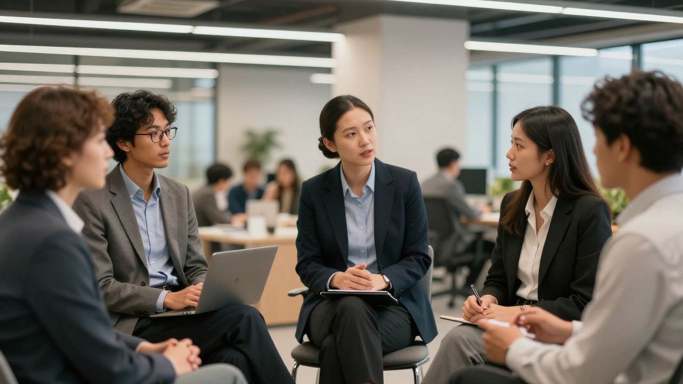 Profissionais B2B conectando em ambiente de escritório moderno.