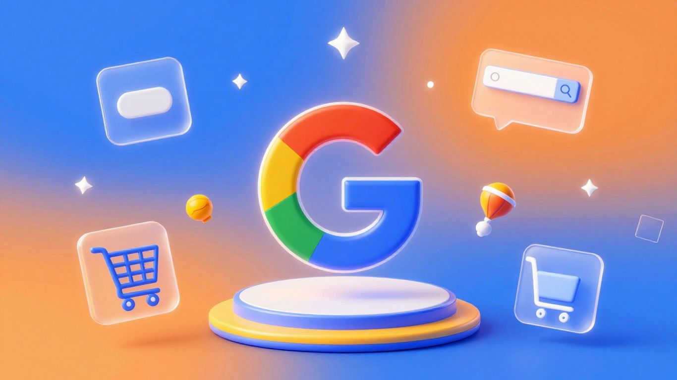 Interface de anúncios digitais do Google com ícones flutuantes.