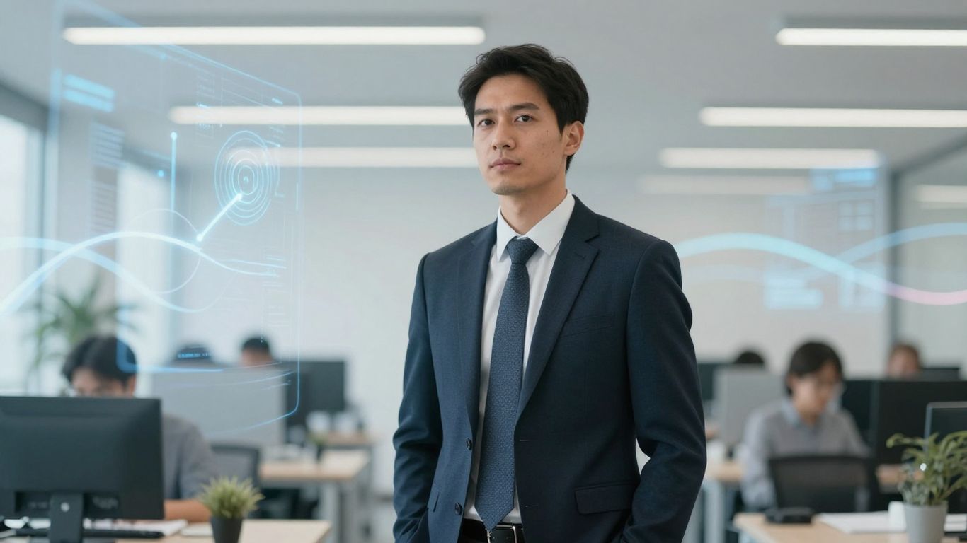 Homem de negócios em escritório moderno com elementos digitais.