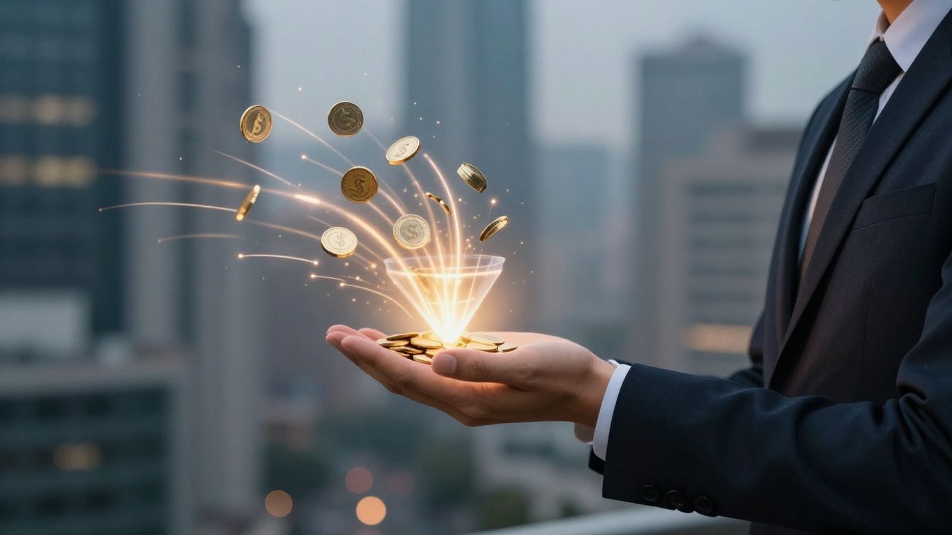 Pessoa investindo dinheiro em funil digital com moedas subindo.